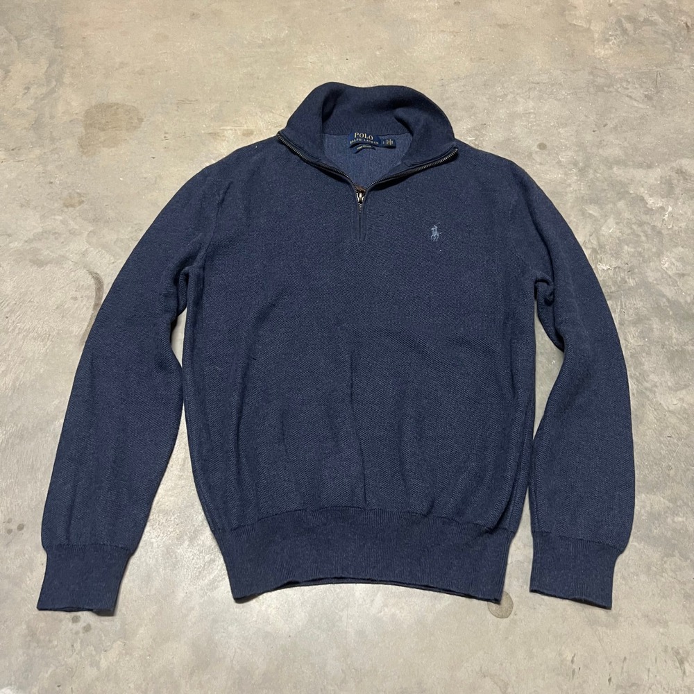 Polo Ralph Lauren Mens Navy Blue Pima Cotton Quarter Zip Sweater Small S